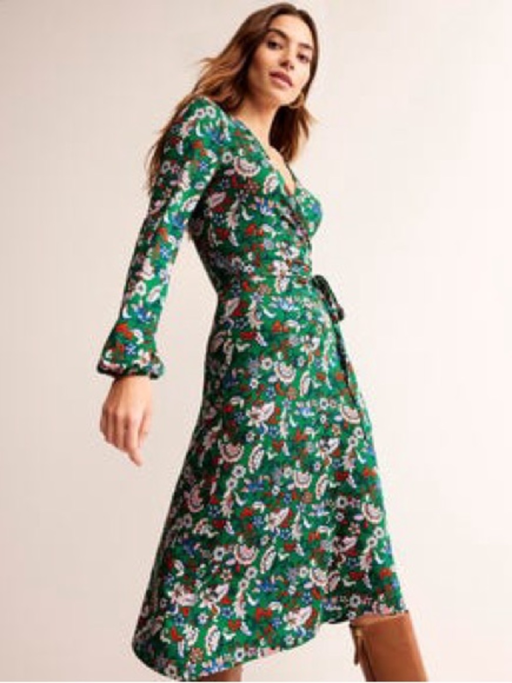 Boden Joanna Jersey Midi Wrap Dress Green Long sleeve Floral 6